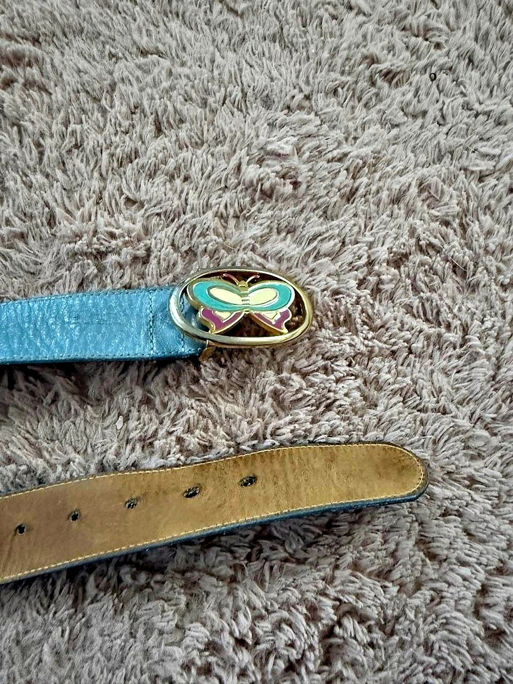 Vintage Butterfly Color Block Enamel Buckle Belt in Blue & Brown